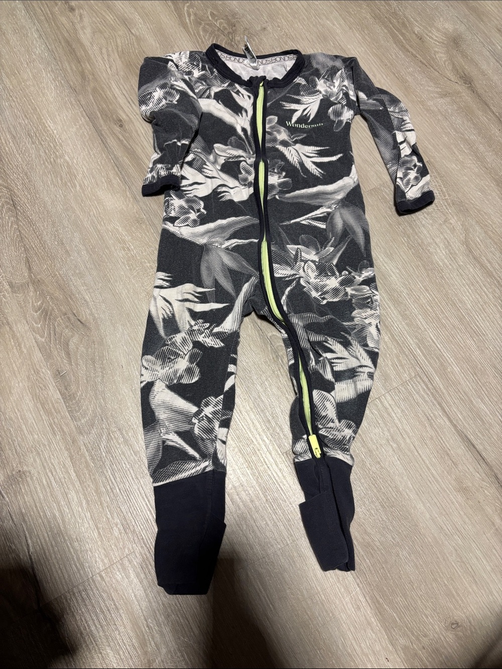 Bonds Black & White Floral Zip Footed One-Piece with Lime Trim